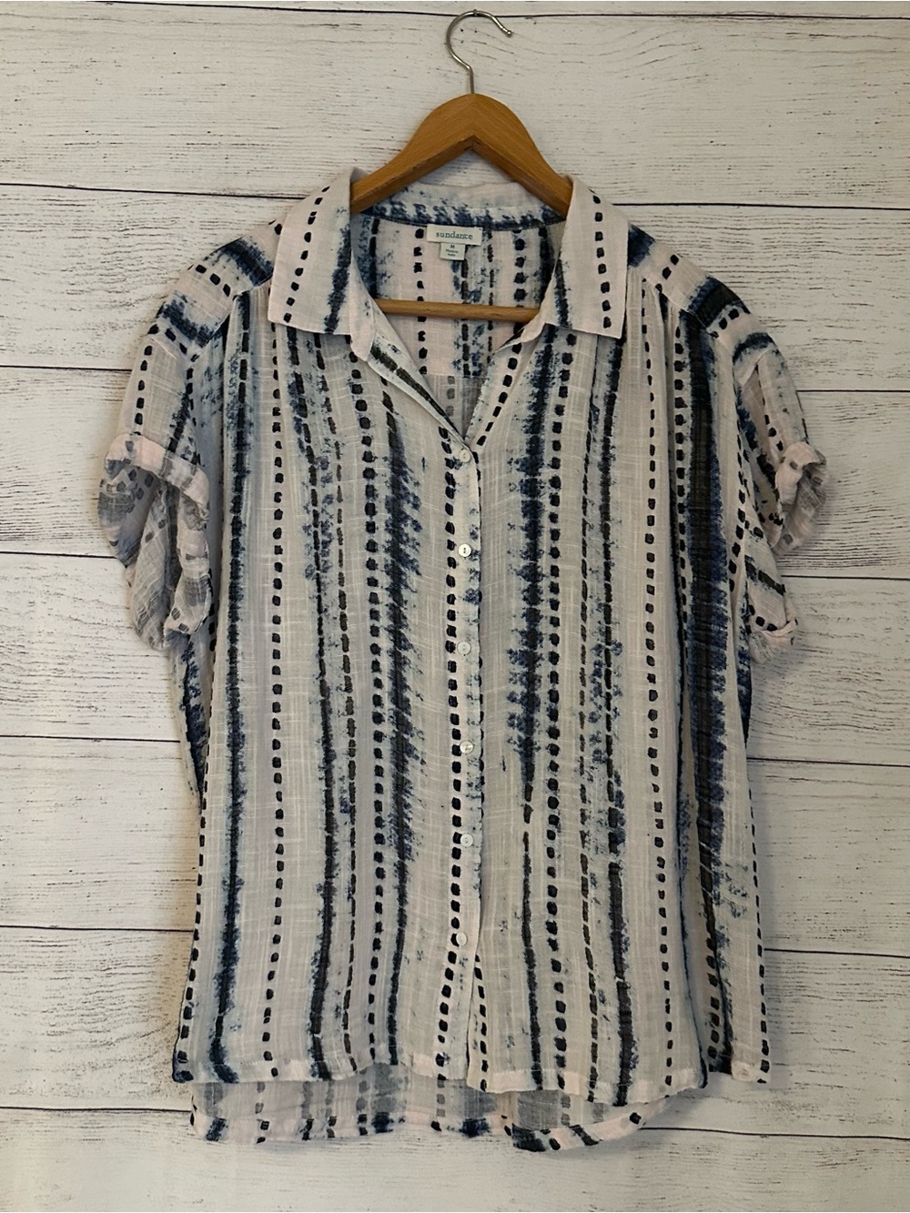 Sundance Stripe Annie indigo tie-dye gauze short-sleeve button Shirt.